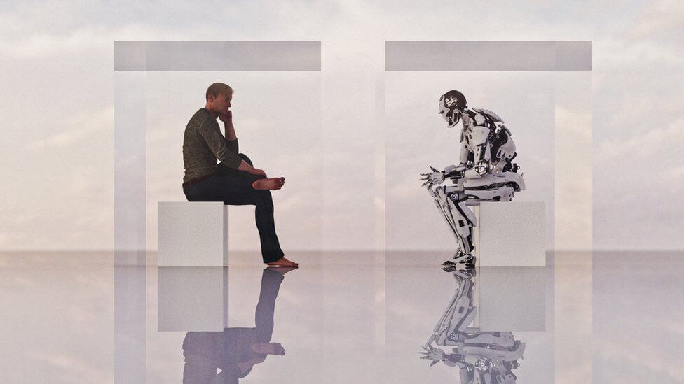 A man talking to a machine in a void landscape