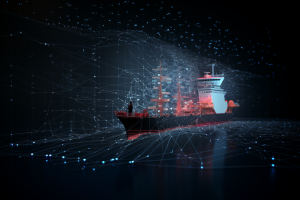 A ship at sea surrounded by data