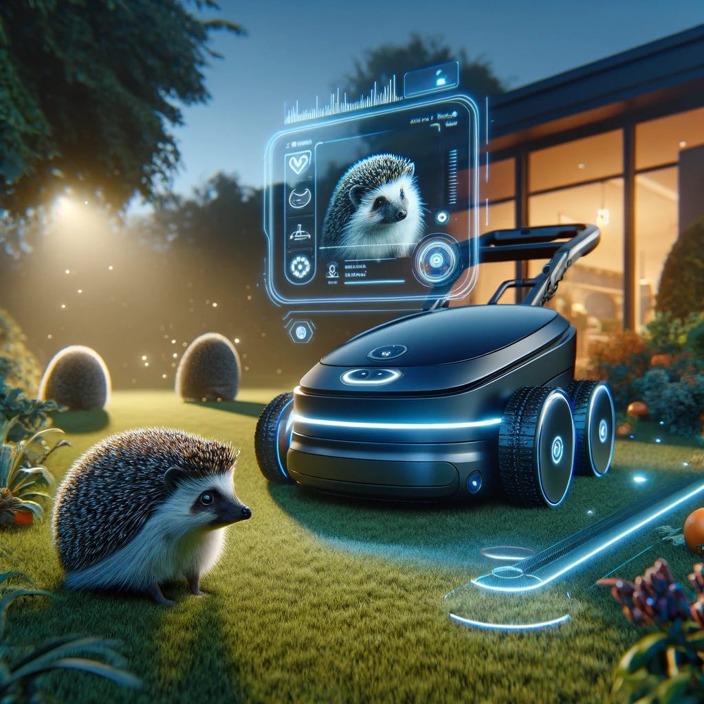 The image illustrates a futuristic scene where technology meets nature conservation. It features an advanced robot lawn mower with facial recognition technology designed to be safe for hedgehogs. In this harmonious setting, a cute hedgehog curiously observes the mower in a lush garden at dusk.
